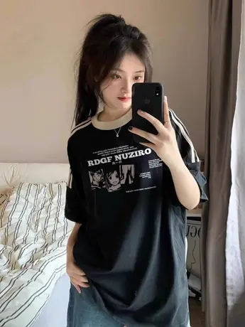 美式复古三条杠插肩短袖t恤女2024新款夏季宽松半袖设计感上衣服图片