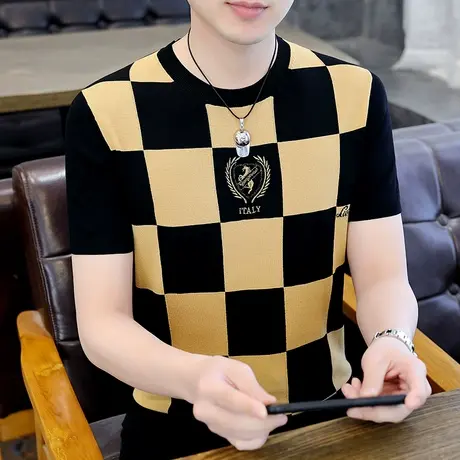 潮牌高端轻奢烫钻冰丝短袖t恤夏季薄款撞色格子男装冰感刺绣半袖T商品大图