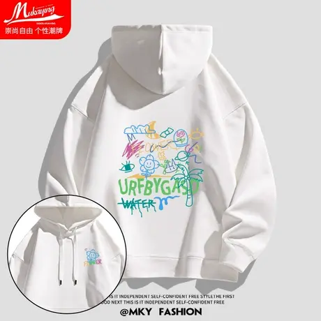 白色彩色涂鸦印花连帽卫衣男设计感小众趣味秋季宽松大码学生外套商品大图