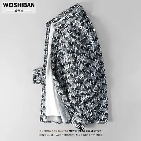 2023秋季翻领牛仔衬衫男士美式复古满印长袖潮牌廓型宽松衬衣外套商品大图