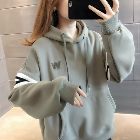 连帽宽松加绒加厚口袋卫衣休闲套头女装秋冬外穿上衣学院风学生潮商品大图