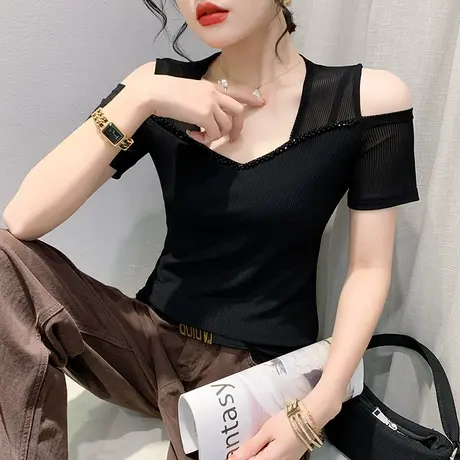 性感露肩V领T恤女短袖钉珠网纱小衫夏季洋气修身上衣别致百搭体恤商品大图
