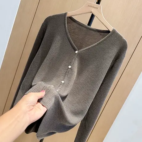 羊毛针织衫开衫女初秋长袖针织外搭软糯外套气质V领简约韩版宽松商品大图