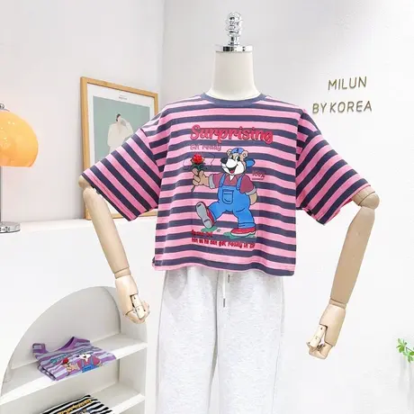 小个子短款高腰上衣夏装款韩国东大门ins甜美花朵小熊条纹半袖T恤图片