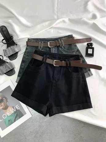 韩国复古小个子卷边弹力修身牛仔短裤女夏季高腰显瘦宽松阔腿热裤商品大图