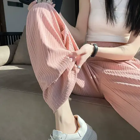 粉色阔腿裤女2023年春季新款高腰垂感直筒宽松显瘦小个子拖地长裤商品大图