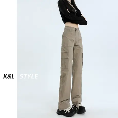 卡其色美式工装裤女秋2023新款早秋设计感休闲直筒宽松牛仔阔腿裤图片