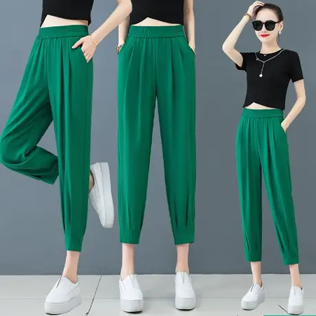 裤子女小个子宽松春秋哈伦裤直筒高腰束脚九分休闲裤绿色萝卜裤潮图片