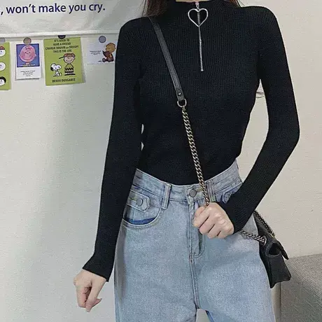 春秋新款2023休闲时尚修身显瘦拉链半高领上衣韩版纯色百搭针织衫图片