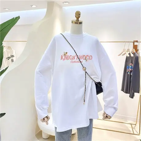2022新款流行秋装纯棉长袖t恤女韩版宽松大码中长款上衣时尚百搭商品大图