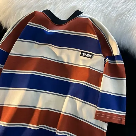 春夏美式复古百搭条纹T恤情侣短袖女生ins潮牌oversize宽松体恤商品大图