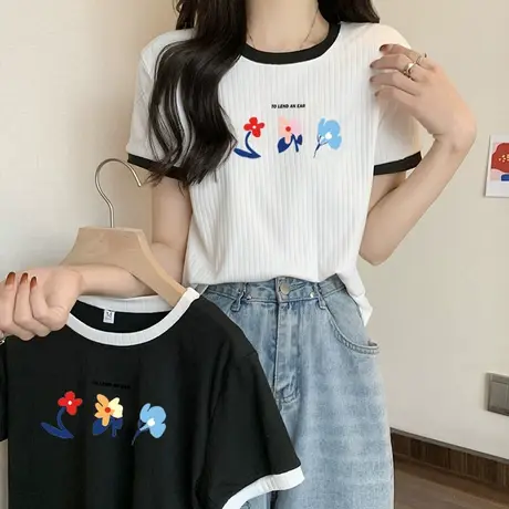 甜飒风短款短袖t恤女ins潮夏装2023新款宽松显瘦韩系chic别致上衣商品大图