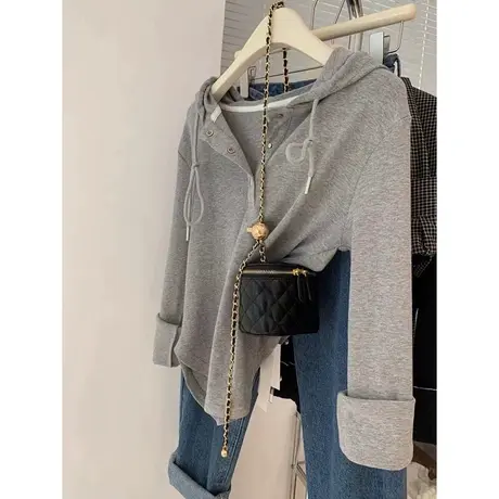 设计感小众连帽长袖T恤女初秋洋气减龄百搭宽松显瘦纯棉上衣体恤商品大图