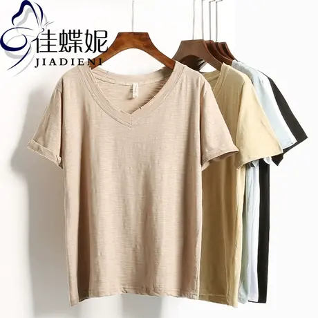 夏装新款破洞V领竹节棉纯棉纯色短袖T恤宽松韩版女装透气舒适简约商品大图
