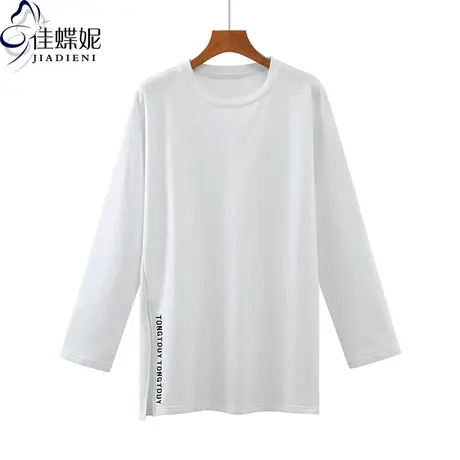 秋冬新款韩圆领侧开叉刺绣中长款宽松纯色德绒长袖体恤上衣内搭女图片