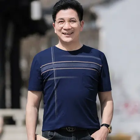 爸爸短袖t恤圆领夏季中老年人男士丝光棉上衣服装40岁50爷爷汗衫商品大图