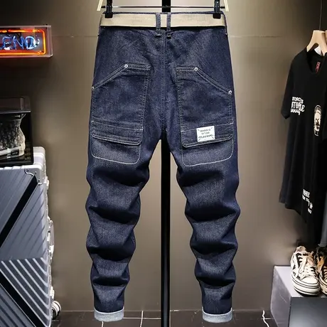 日系复古蓝色潮牌牛仔裤男修身小脚男士休闲长裤子男直筒百搭痞帅商品大图