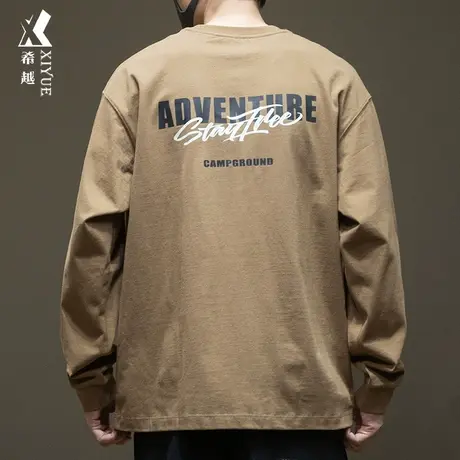 希越秋季美式精梳棉长袖T恤男260g重磅纯棉宽松大码胖子打底体恤商品大图