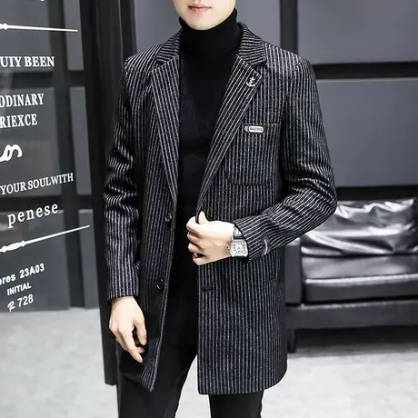 秋冬季风衣男士修身中长款呢子外套韩版帅气百搭大衣男装新款潮流图片