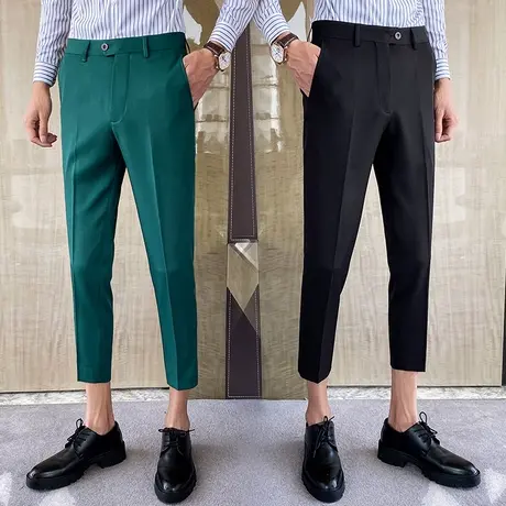 男士坠感西装裤修身韩版小脚墨绿色九分裤男休闲痞帅发型师裤子潮图片