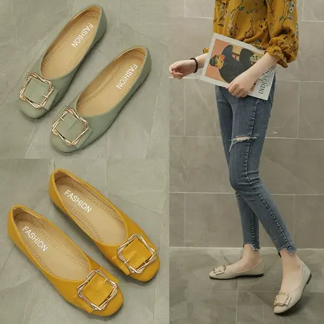 2023春季新款韩版网红金属扣方头浅口单鞋女软底平底时尚百搭女鞋商品大图