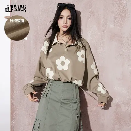 妖精的口袋花朵贴布绣撞色Polo领长袖t恤女2024早春新款宽松上衣图片