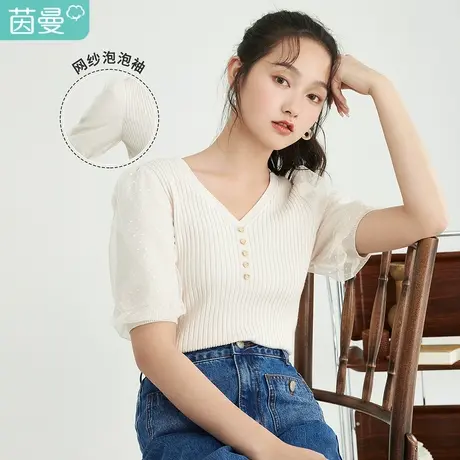茵曼百搭针织衫女春季2023新款V领网纱泡泡袖拼接套头包芯纱上衣图片