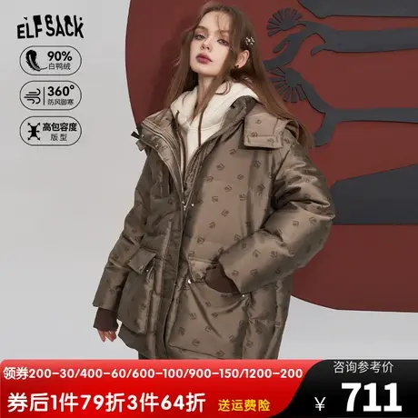 妖精的口袋宽松中长款连帽羽绒服女2023冬季新款美拉德羽绒外套图片