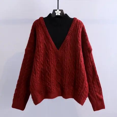 假两件高领毛衣女宽松外穿秋冬2023新款复古麻花针织衫上衣打底衫图片