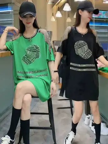 夏季新款圆领中长款设计感镂空肩烫钻帽子百搭显瘦遮肉上衣T恤潮商品大图