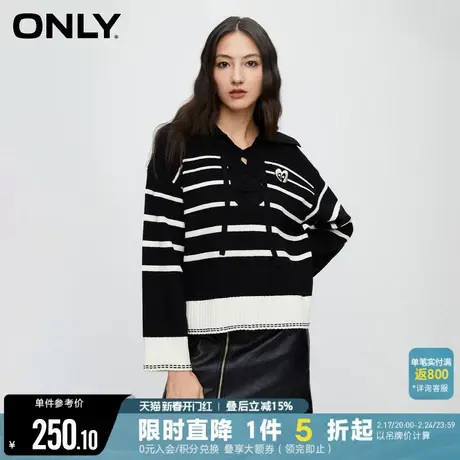 ONLY2023冬季新款交叉绑带撞色条纹宽松针织衫女|123413034图片