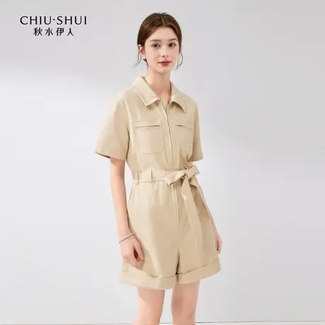秋水伊人时尚休闲纯棉连体裤2024夏季新款女收腰A字气质牛仔短裤图片