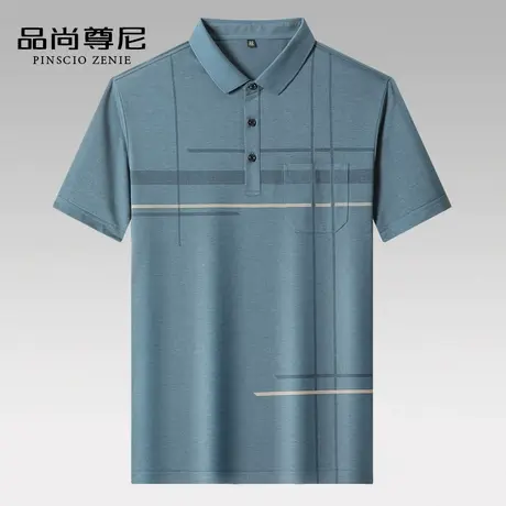 男士短袖polo衫线条花纹珠地棉商务休闲有口袋t恤中老年爸爸夏装商品大图