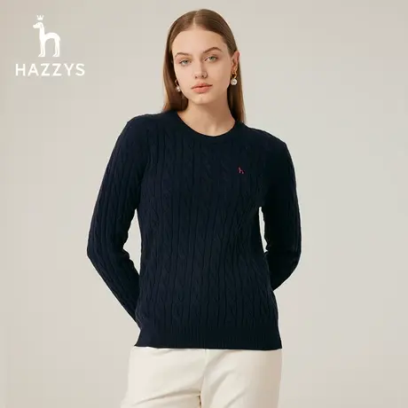 【商场同款】Hazzys哈吉斯素色圆领绞花羊毛衫女士新款针织衫毛衣图片