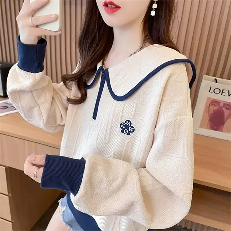 早秋装娃娃领卫衣女春秋季韩版宽松薄款小个子撞色海军风上衣外套商品大图