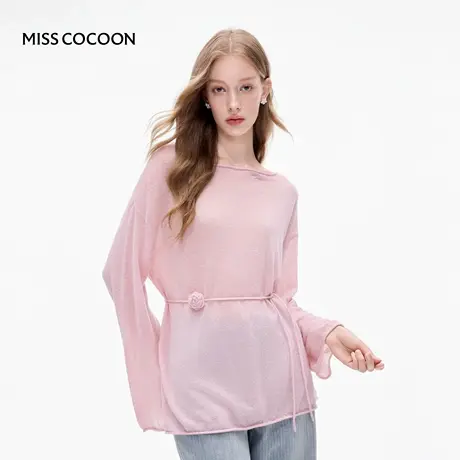 MISSCOCOON可可尼桃红薄款针织衫女2025秋季新款一字领绵羊毛上衣图片