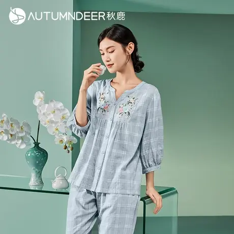秋鹿睡衣女夏款新中式国风柔软透气薄款条纹格子七分袖家居服套装商品大图