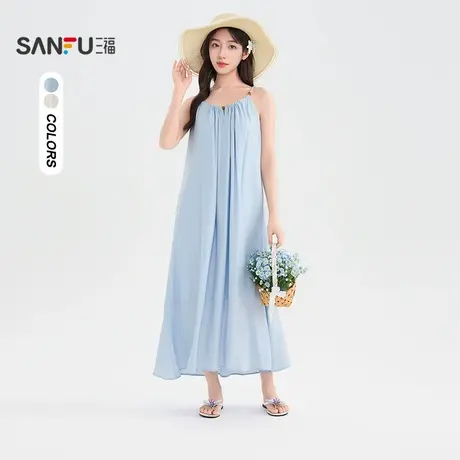 三福连衣裙2025夏季度假风串珠肩带宽松吊带长裙女装504195图片