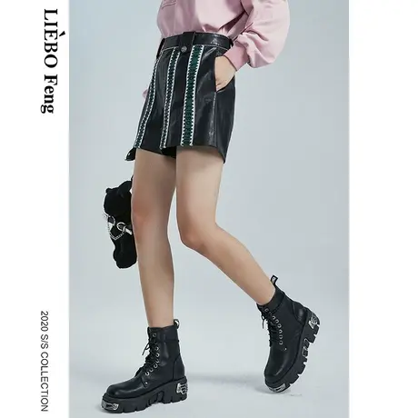 裂帛LIEBOFeng新中式国风设计师刺绣拼接街头摇滚PU短裤休闲裤女图片