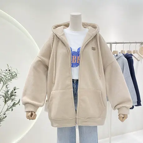 加绒新款秋冬卫衣外套女韩版百搭休闲宽松慵懒开衫拉链连帽女上衣商品大图