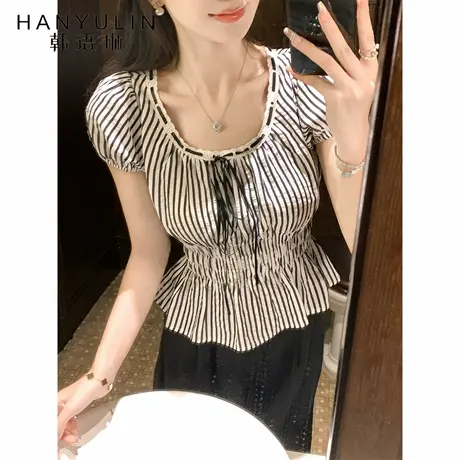 韩语琳 8/07 黑白条纹泡泡袖方领衬衫女2025收腰显瘦气质短上衣图片