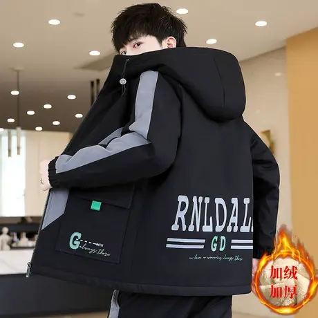 加绒加厚夹克外套男春秋冬季青少年学生帅气2023新款潮流男装套装商品大图