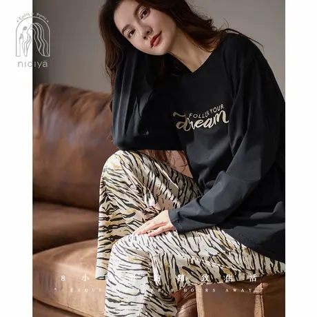 妮狄娅睡衣女秋季柔软棉长袖休闲T恤时尚宽松春秋外穿家居服套装商品大图