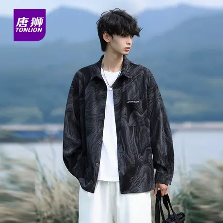 唐狮翻领长袖男春秋新款宽松时尚休闲衬衣美式潮牌外套衬衫上衣AP图片