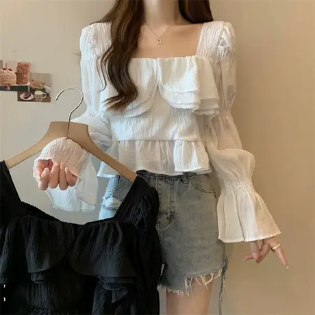 法式温柔风方领衬衫女初秋季百搭宽松小个子短款泡泡袖上衣洋气图片