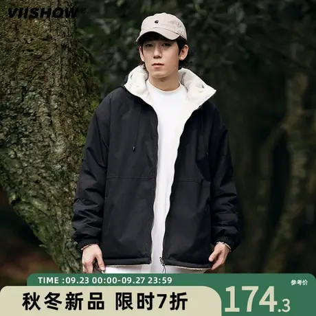 VIISHOW连帽仿羊羔绒棉衣男冬季加绒加厚棉服宽松双面穿工装外套商品大图