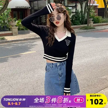 唐狮2025秋冬毛衣女美式复古学院风短款套头针织外套高级感上衣女图片