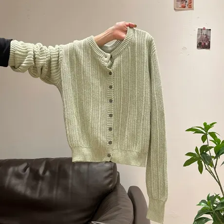 SOINKU绿色韩系长袖针织开衫气质百搭小众高级感早秋不规则设计感图片