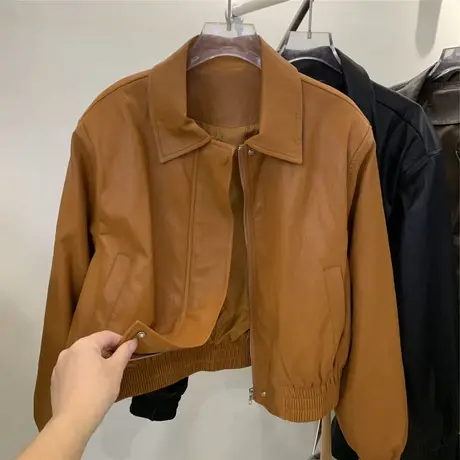 欧版宽松显瘦PU皮短外套女早秋新款高级感重工机车夹克洋气皮衣潮商品大图