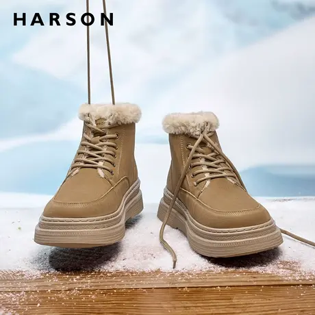 哈森冬季男鞋休闲户外马丁靴加绒加厚真皮保暖雪地靴东北大棉鞋男商品大图